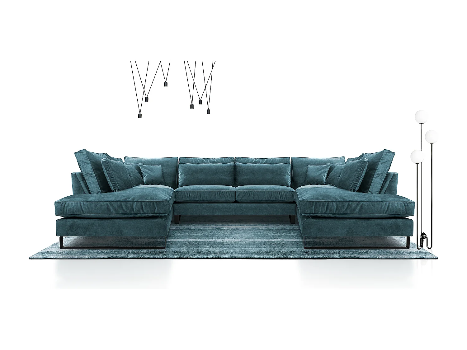 Moderne Eckcouch CORBLACK, freistehend, mit Wellenfedern & Rückenkissen, Metallbeine, Wohnlandschaft, 103x407x224 cm, Türkis