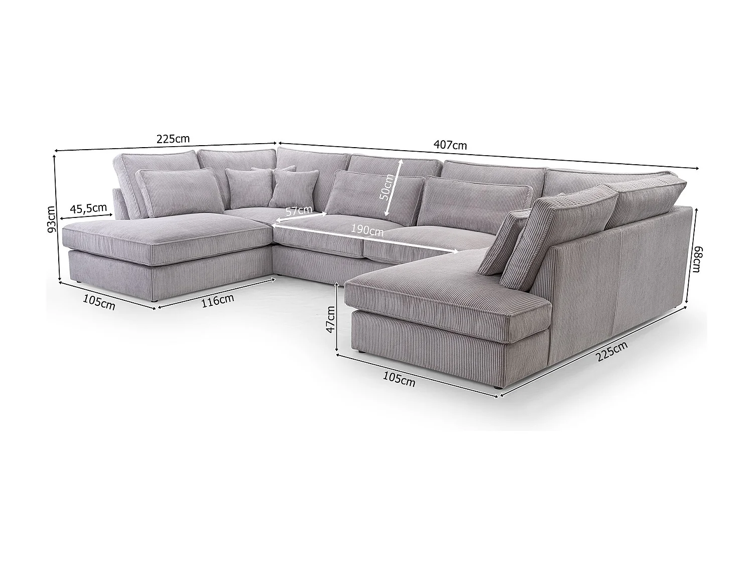 Polsterecke U, Hochwertiges Und Großes Ecksofa Für Das Wohnzimmer, Robuster Holzrahmen, Inklusive Rückenkissen, Freistehend, 407x228x93cm Grau