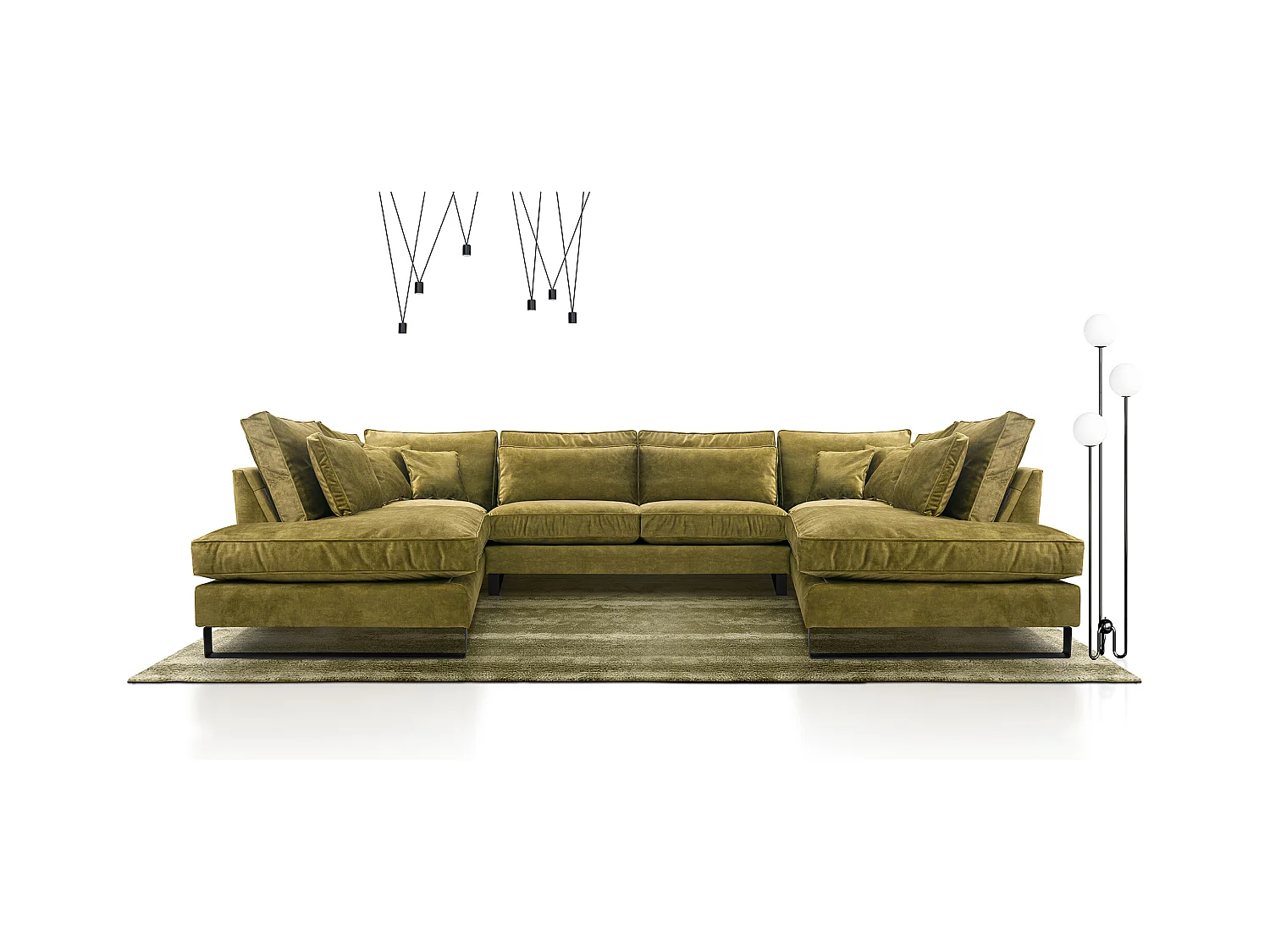 Moderne Eckcouch CORBLACK, freistehend, mit Wellenfedern & Rückenkissen, Metallbeine, Wohnlandschaft, 103x407x224 cm, Grün