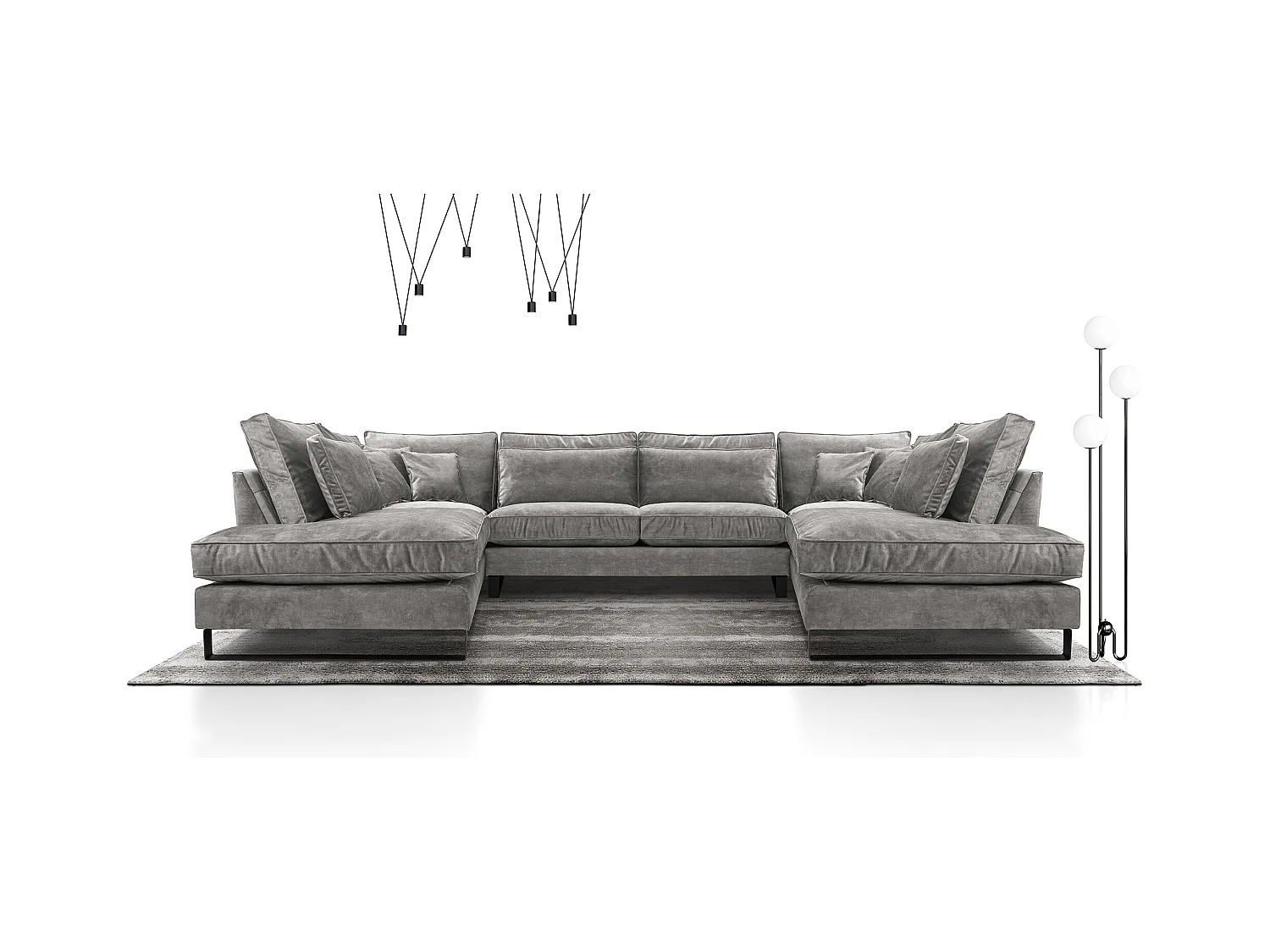 Moderne Eckcouch CORBLACK, freistehend, mit Wellenfedern & Rückenkissen, Metallbeine, Wohnlandschaft, 103x407x224 cm, Esche