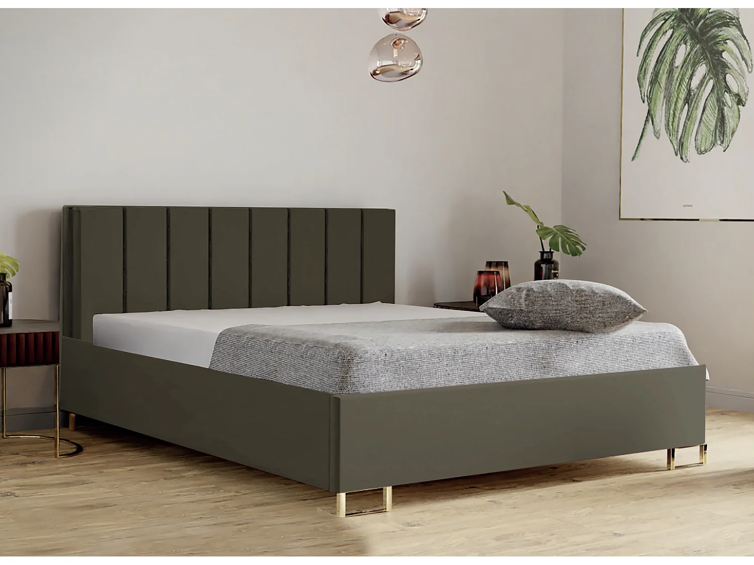 Cama estofada MALIBU, cabeceira acolchoada, tecido MONOLITH premium, baú com pistão a gás, altura confortável 39 cm, 180x200 cm, Verde azeitona