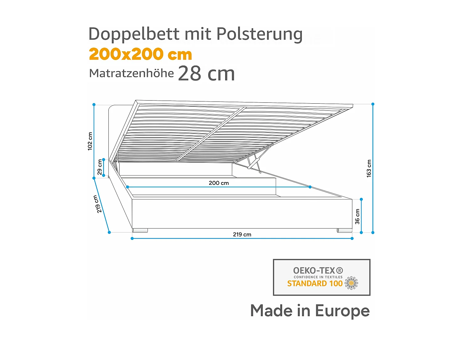 Polsterbett MALIBU 200x200 Cappuccino, MONOLITH-Stoff, gepolstertes Kopfteil, Bettkasten mit Gasdruckfeder, 39 cm hoch, Beige