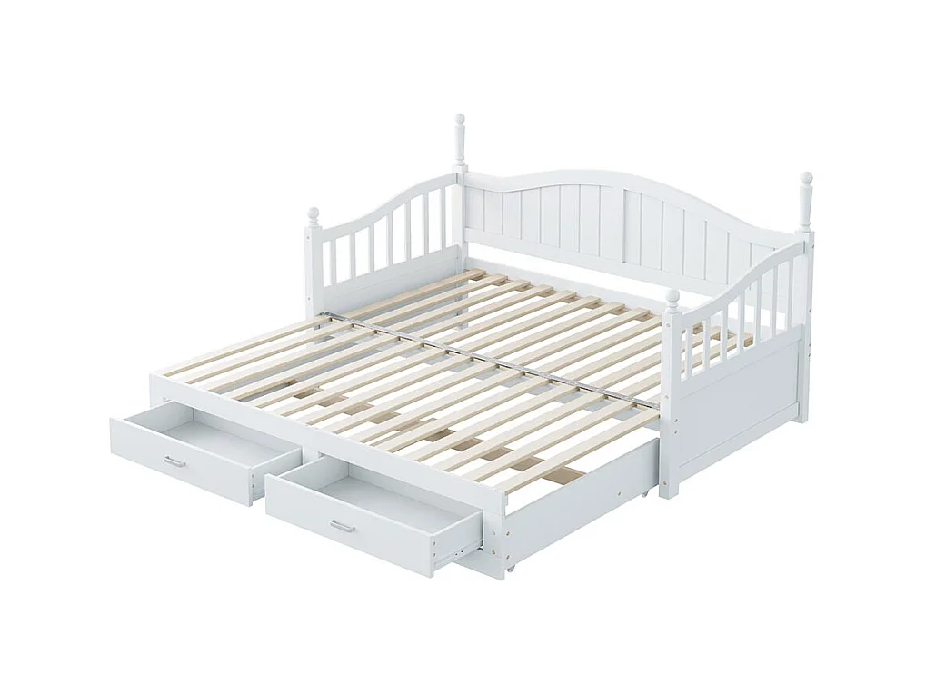 Massief houten slaapbank 90/180x190 cm, met laden en lattenbodem, grenen, wit