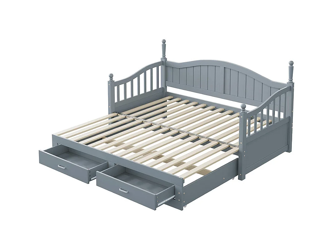 Canapé-lit en bois massif 90/180x190 cm,LIT GIGOGNE avec tiroirs et sommier à lattes, pin, gris