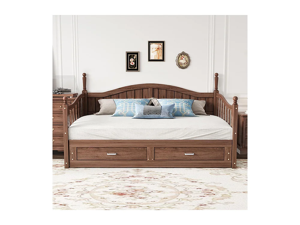 Massief houten slaapbank 90/180x190 cm, met laden en lattenbodem, grenen, walnoot