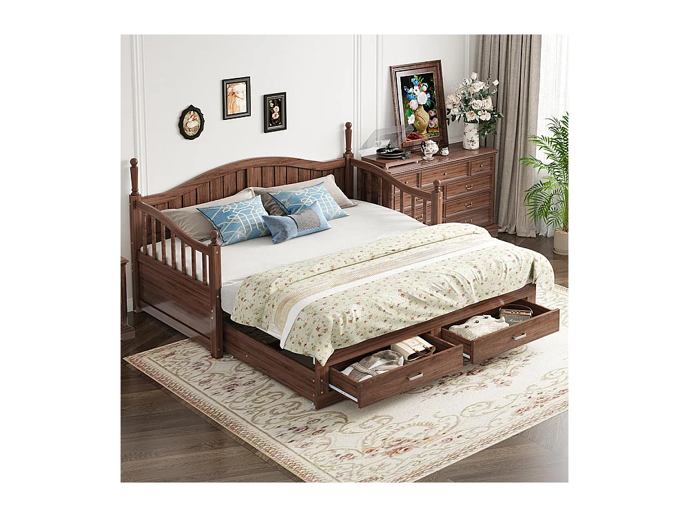 Massief houten slaapbank 90/180x190 cm, met laden en lattenbodem, grenen, walnoot