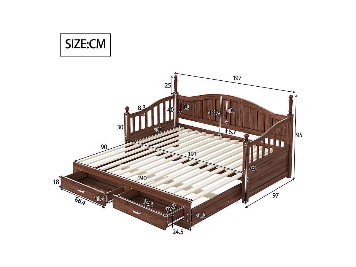 Massief houten slaapbank 90/180x190 cm, met laden en lattenbodem, grenen, walnoot