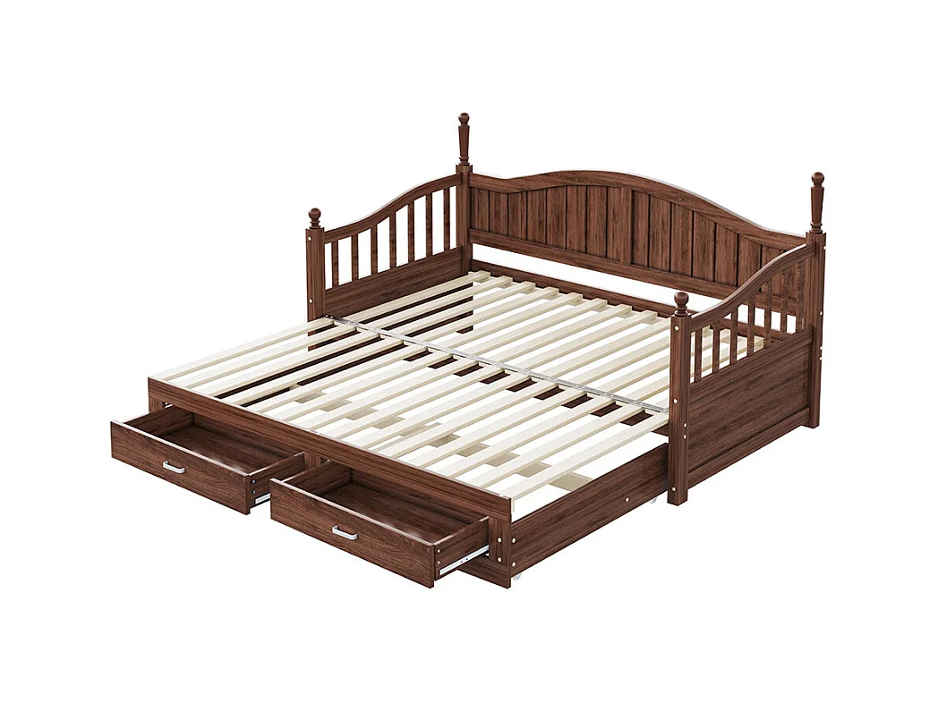 Massief houten slaapbank 90/180x190 cm, met laden en lattenbodem, grenen, walnoot