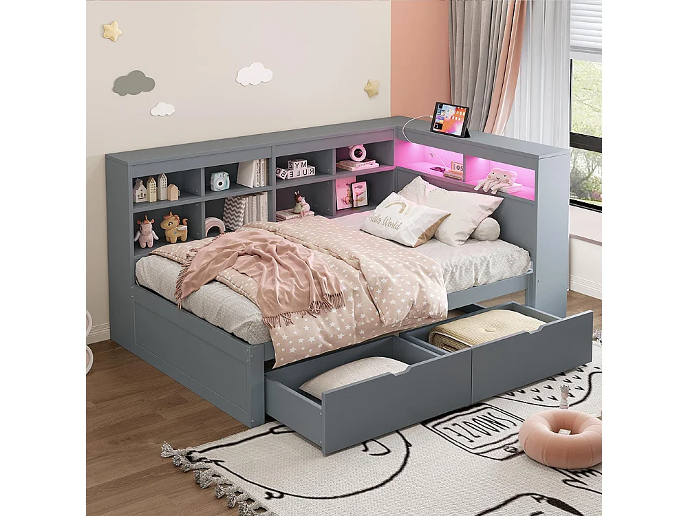 Canapé en bois massif 90x200 cm, Avec compartiments de rangement,lit gigogne Avec étagères et compartiments de rangement, Lit en bois simple, Gris