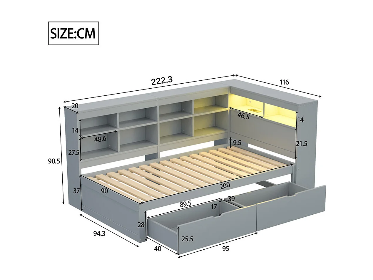 Canapé en bois massif 90x200 cm, Avec compartiments de rangement,lit gigogne Avec étagères et compartiments de rangement, Lit en bois simple, Gris