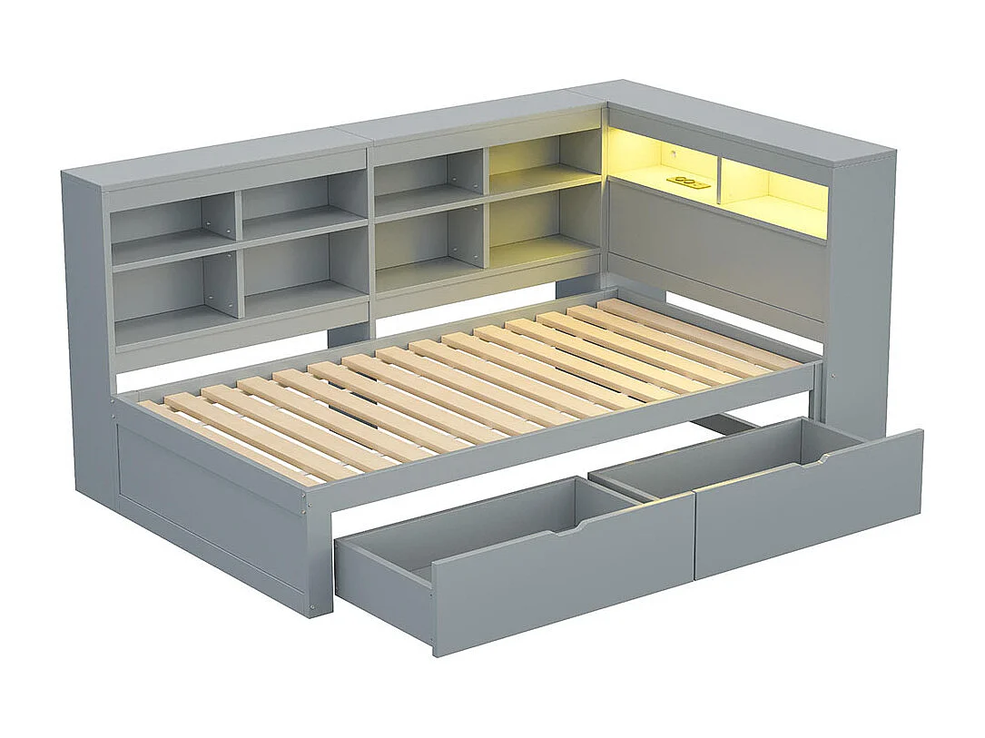 Canapé en bois massif 90x200 cm, Avec compartiments de rangement,lit gigogne Avec étagères et compartiments de rangement, Lit en bois simple, Gris