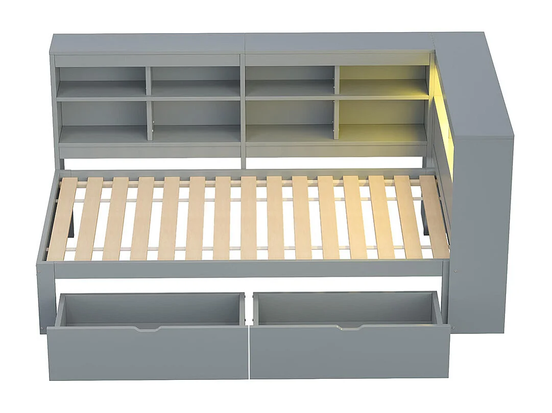 Canapé en bois massif 90x200 cm, Avec compartiments de rangement,lit gigogne Avec étagères et compartiments de rangement, Lit en bois simple, Gris