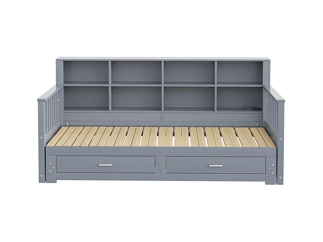 Canapé-lit en bois massif 90/180x190 cm, Armoire de rangement,Avec 2 tiroirs,Lit multifonctionnel en pin , Gris