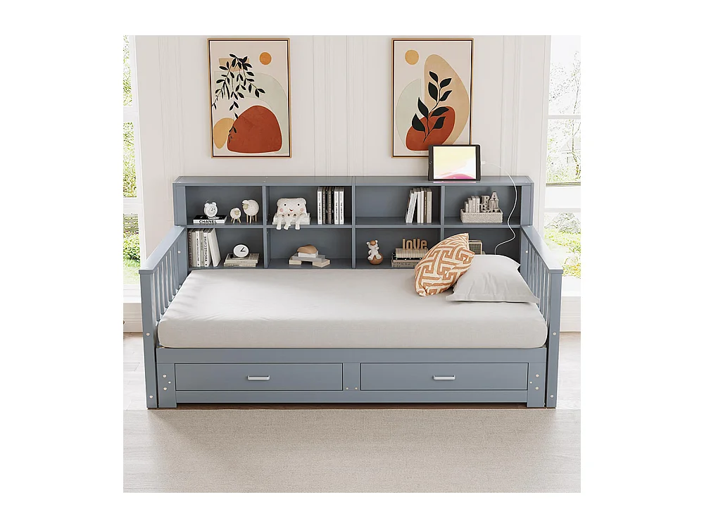 Massief houten slaapbank 90/180x190 cm, opbergkast, met 2 laden, multifunctioneel grenen bed, grijs
