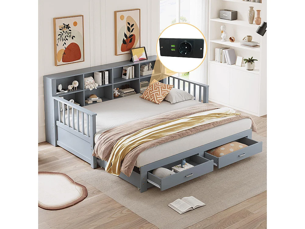 Massief houten slaapbank 90/180x190 cm, opbergkast, met 2 laden, multifunctioneel grenen bed, grijs