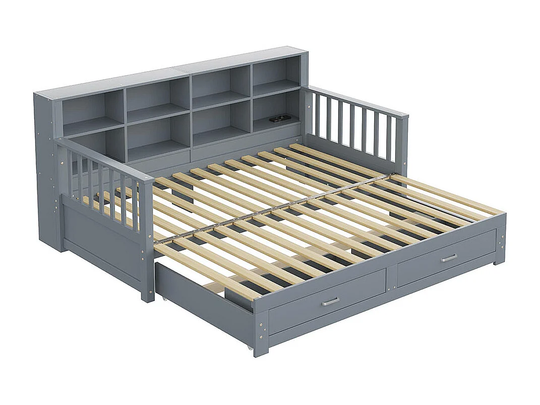 Massief houten slaapbank 90/180x190 cm, opbergkast, met 2 laden, multifunctioneel grenen bed, grijs