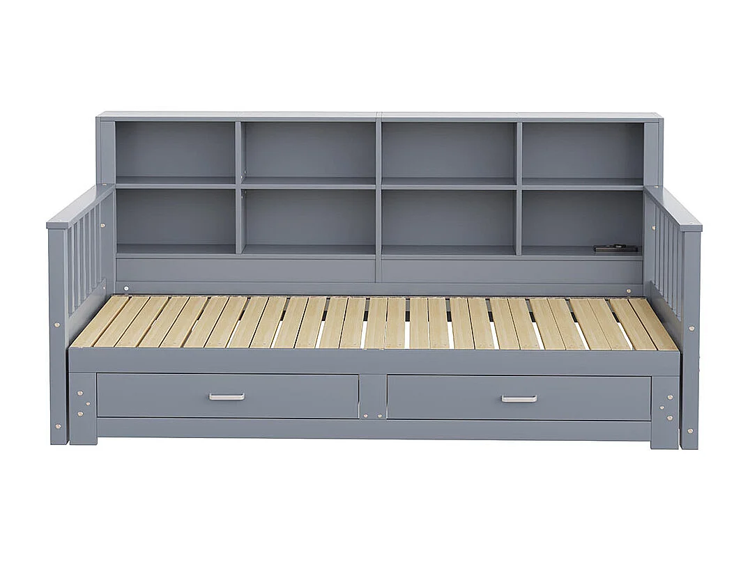 Massief houten slaapbank 90/180x190 cm, opbergkast, met 2 laden, multifunctioneel grenen bed, grijs