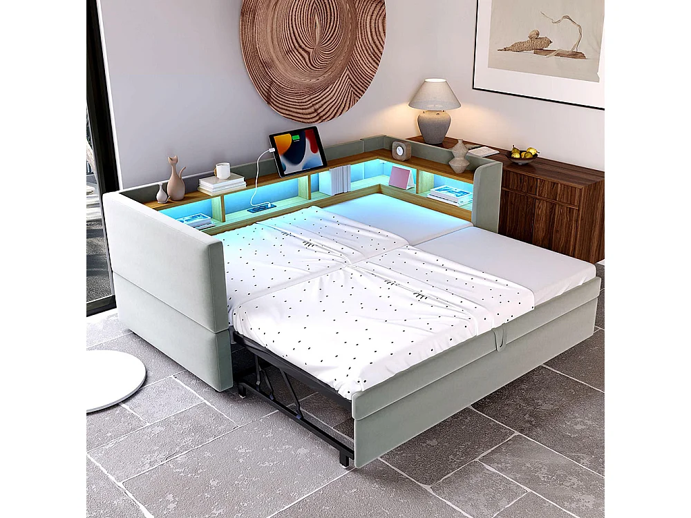 Slaapbank 90/180x190cm, gestoffeerd bed, multifunctionele slaapbank, eenpersoonsbed, lichtgrijs