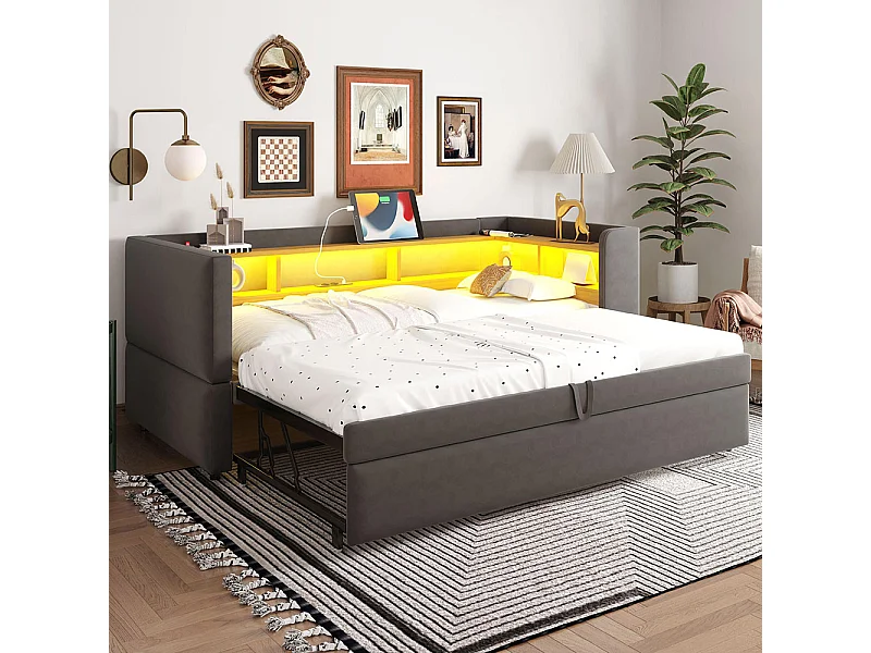 Slaapbank 90/180x190cm, gestoffeerd bed, multifunctionele slaapbank, eenpersoonsbed, donkergrijs