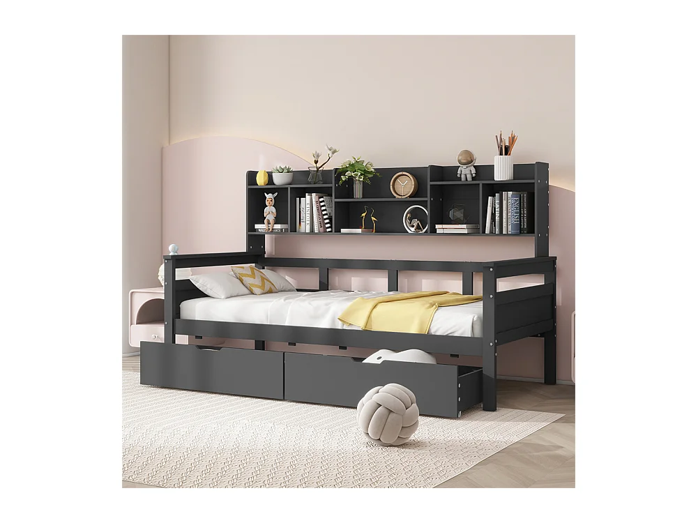 Canapé-lit 90x200, Lit d'enfant, Lit d'adolescent, Lit simple, Lit en bois massif, Gris