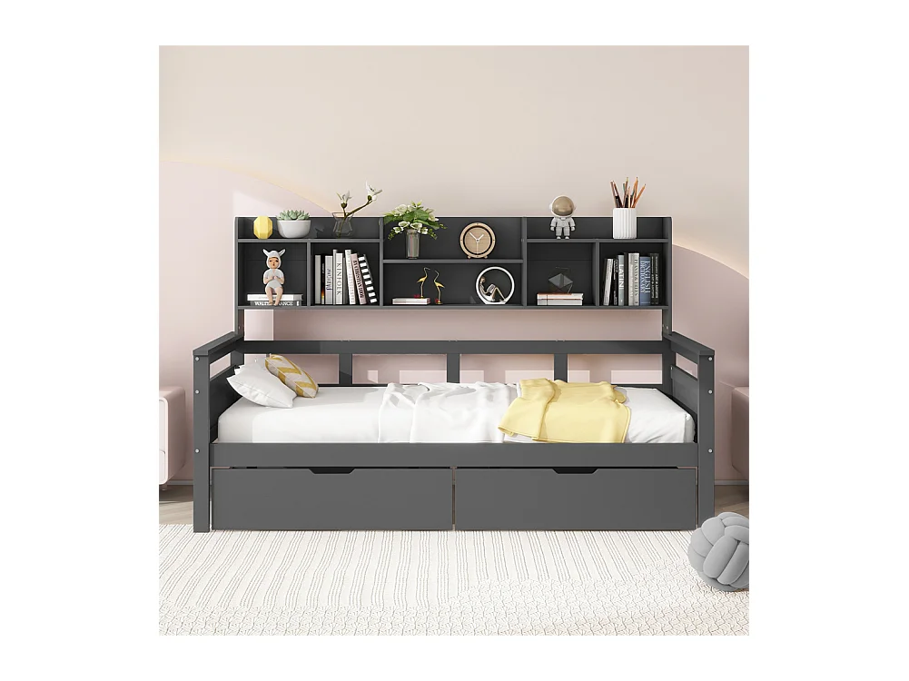 Canapé-lit 90x200, Lit d'enfant, Lit d'adolescent, Lit simple, Lit en bois massif, Gris