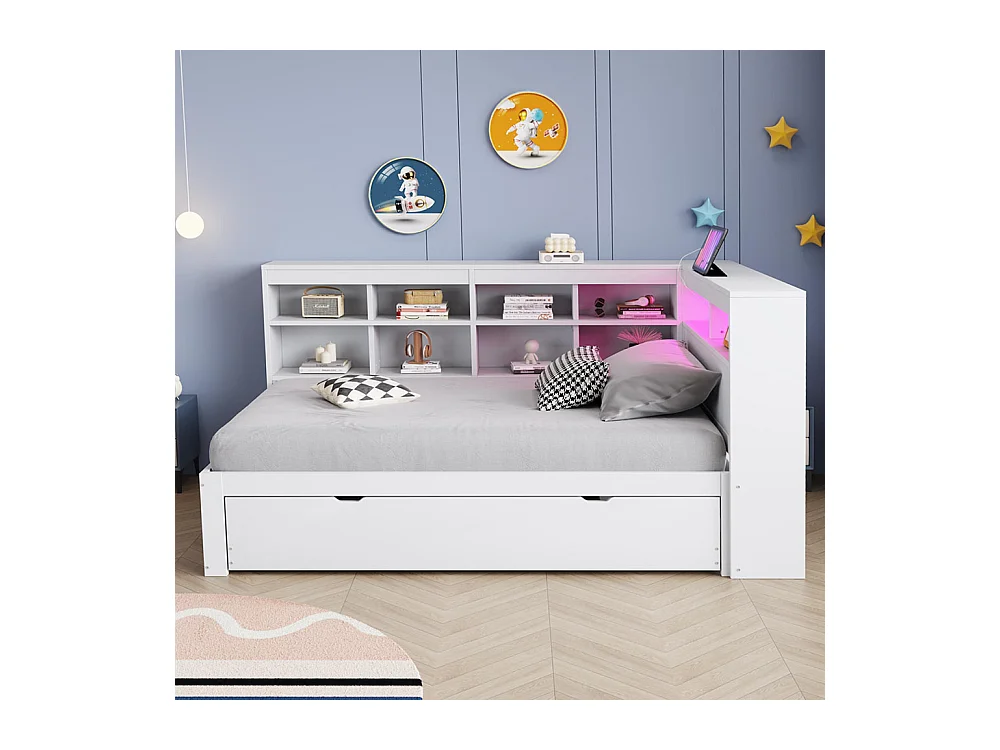 Canapé en bois massif 90x200 cm, Avec lit gigogne, Avec étagères et vide-poches, Lit en bois simple, Blanc
