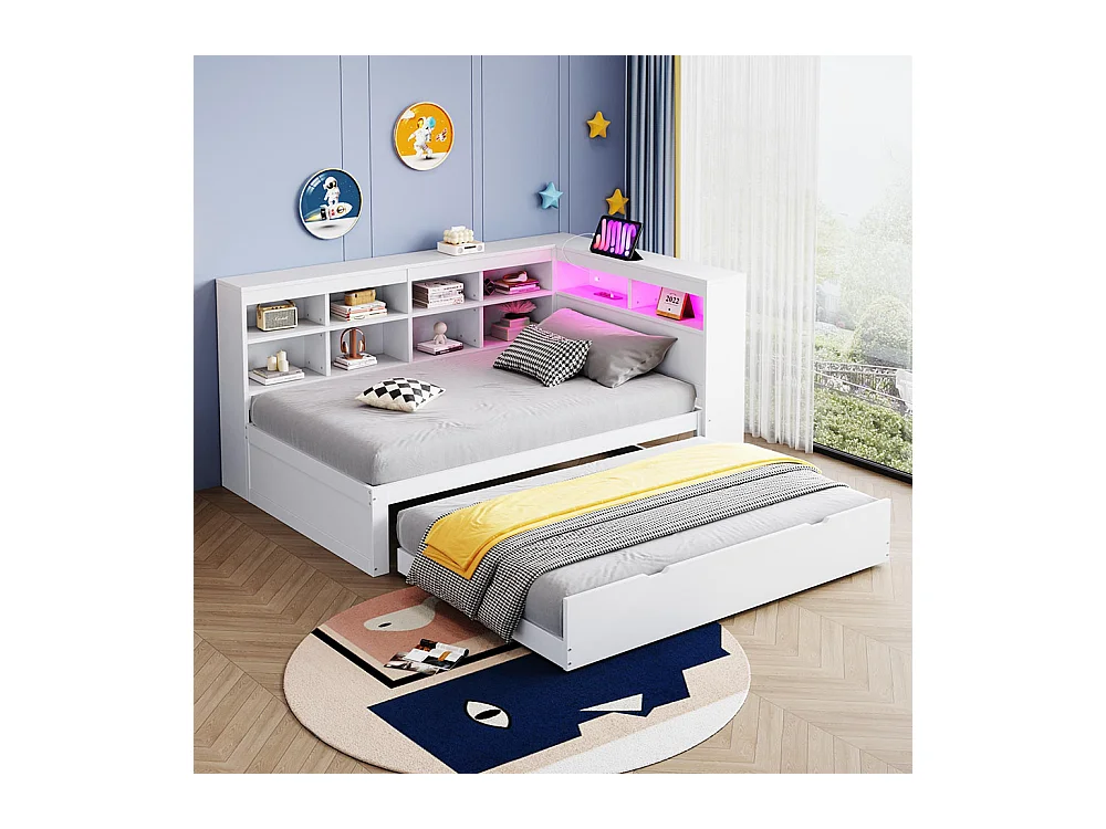 Canapé en bois massif 90x200 cm, Avec lit gigogne, Avec étagères et vide-poches, Lit en bois simple, Blanc