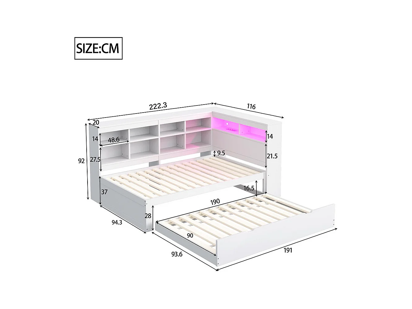 Canapé en bois massif 90x200 cm, Avec lit gigogne, Avec étagères et vide-poches, Lit en bois simple, Blanc