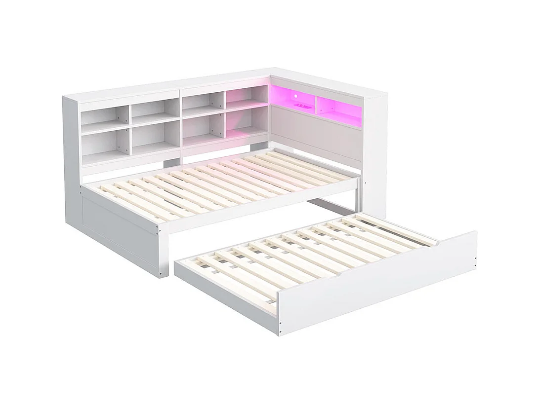Canapé en bois massif 90x200 cm, Avec lit gigogne, Avec étagères et vide-poches, Lit en bois simple, Blanc