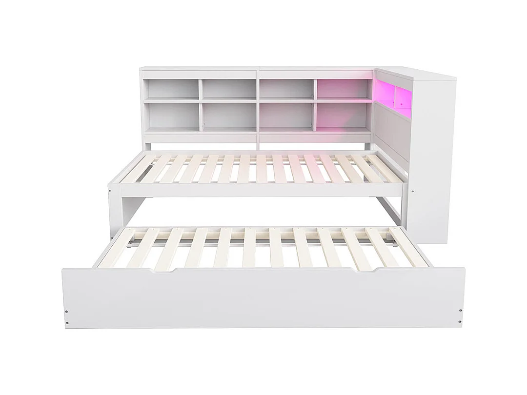 Canapé en bois massif 90x200 cm, Avec lit gigogne, Avec étagères et vide-poches, Lit en bois simple, Blanc