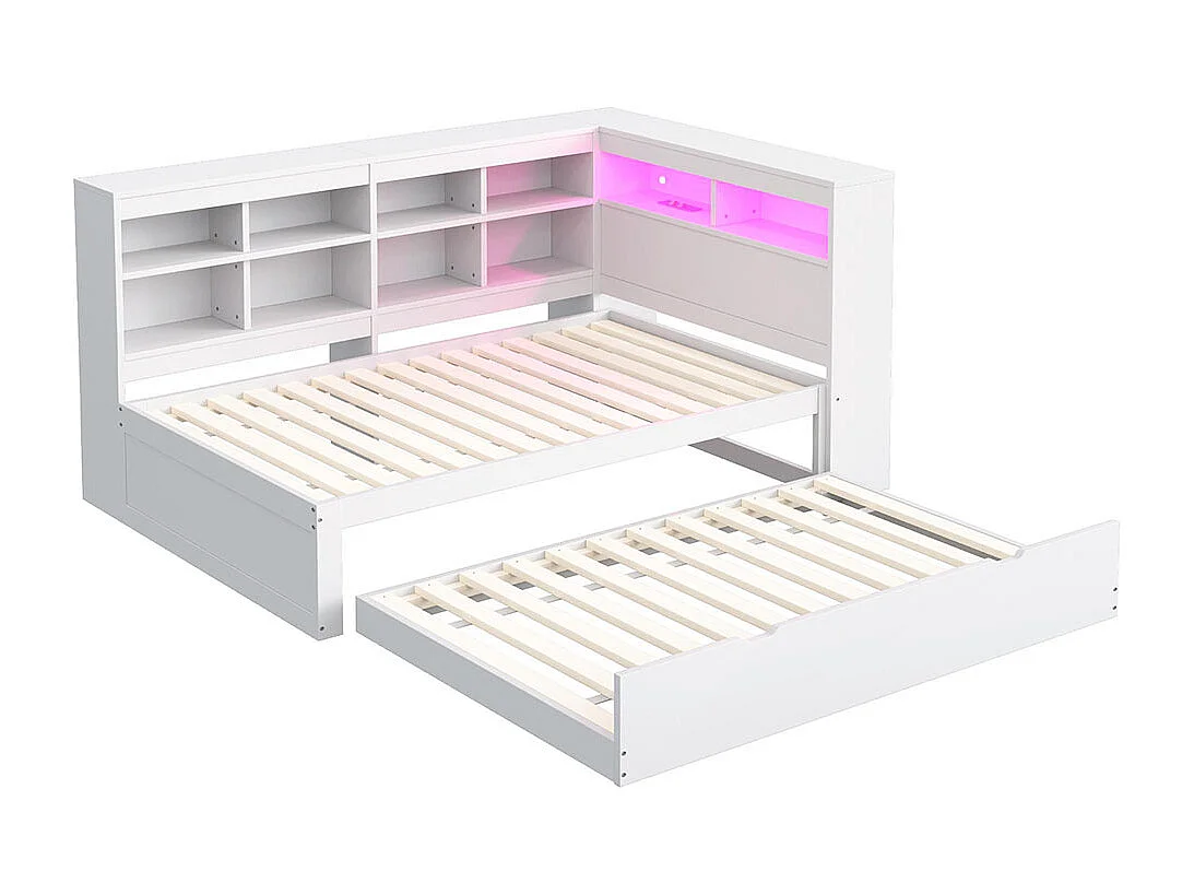 Canapé en bois massif 90x200 cm, Avec lit gigogne, Avec étagères et vide-poches, Lit en bois simple, Blanc