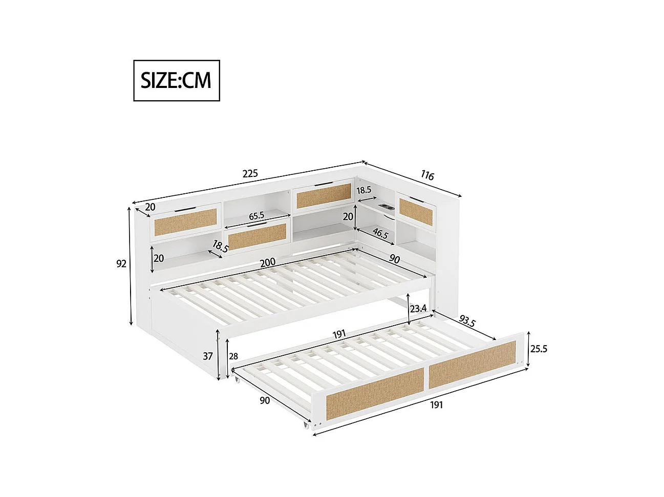 Slaapbank 90x200 met uitschuifbed eenpersoonsbed kinderbed , Wit