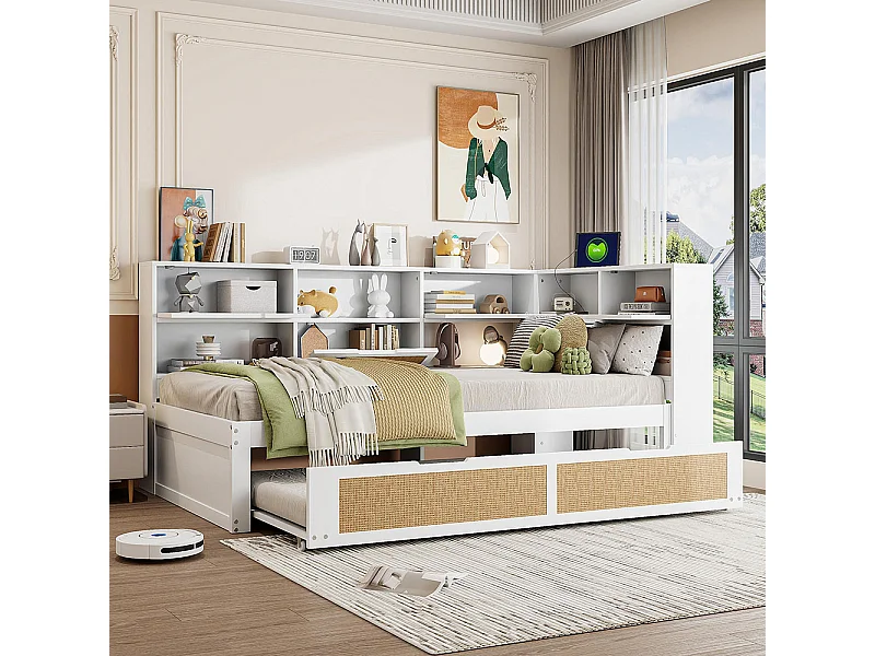 Canapé-lit 90x200 avec lit gigogne lit simple lit enfant , Blanc