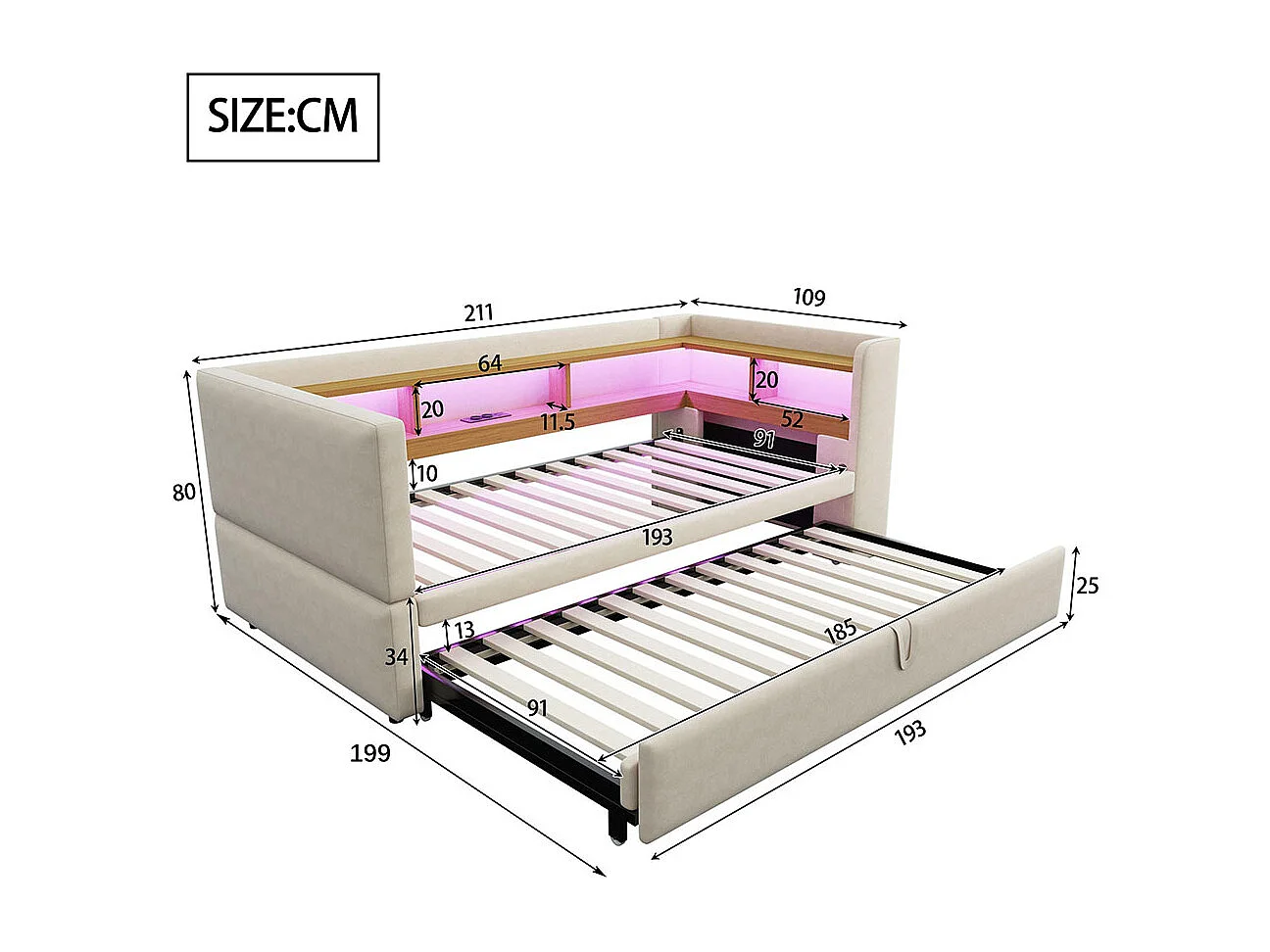 Slaapbank 90/180x190cm, gestoffeerd bed, multifunctionele slaapbank, eenpersoonsbed, beige
