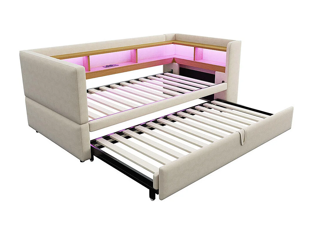 Slaapbank 90/180x190cm, gestoffeerd bed, multifunctionele slaapbank, eenpersoonsbed, beige