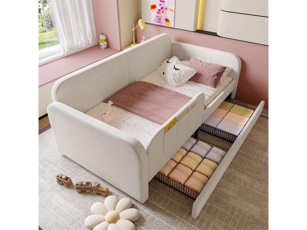 Dagbed 90x200cm,Slaapbank,Gestoffeerd bed met 2 laden,Kinderbed,Wit