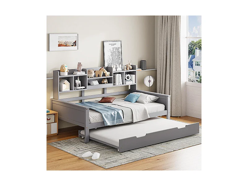 Canapé-lit 90x200CM Bois massif, Lit gigogne 90x190CM,Lit pin, Lit simple, Gris