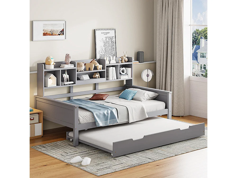 Slaapbank 90x200CM massief hout, uitschuifbaar bed 90x190CM, grenen bed, eenpersoonsbed, grijs