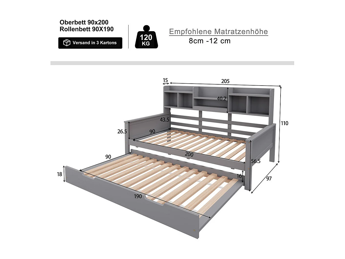 Slaapbank 90x200CM massief hout, uitschuifbaar bed 90x190CM, grenen bed, eenpersoonsbed, grijs