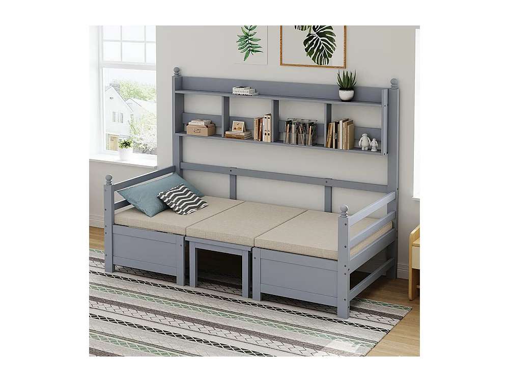 Slaapbank 200x90 cm,2-in-1 bed en bureau,eenpersoons houten bed,grijs