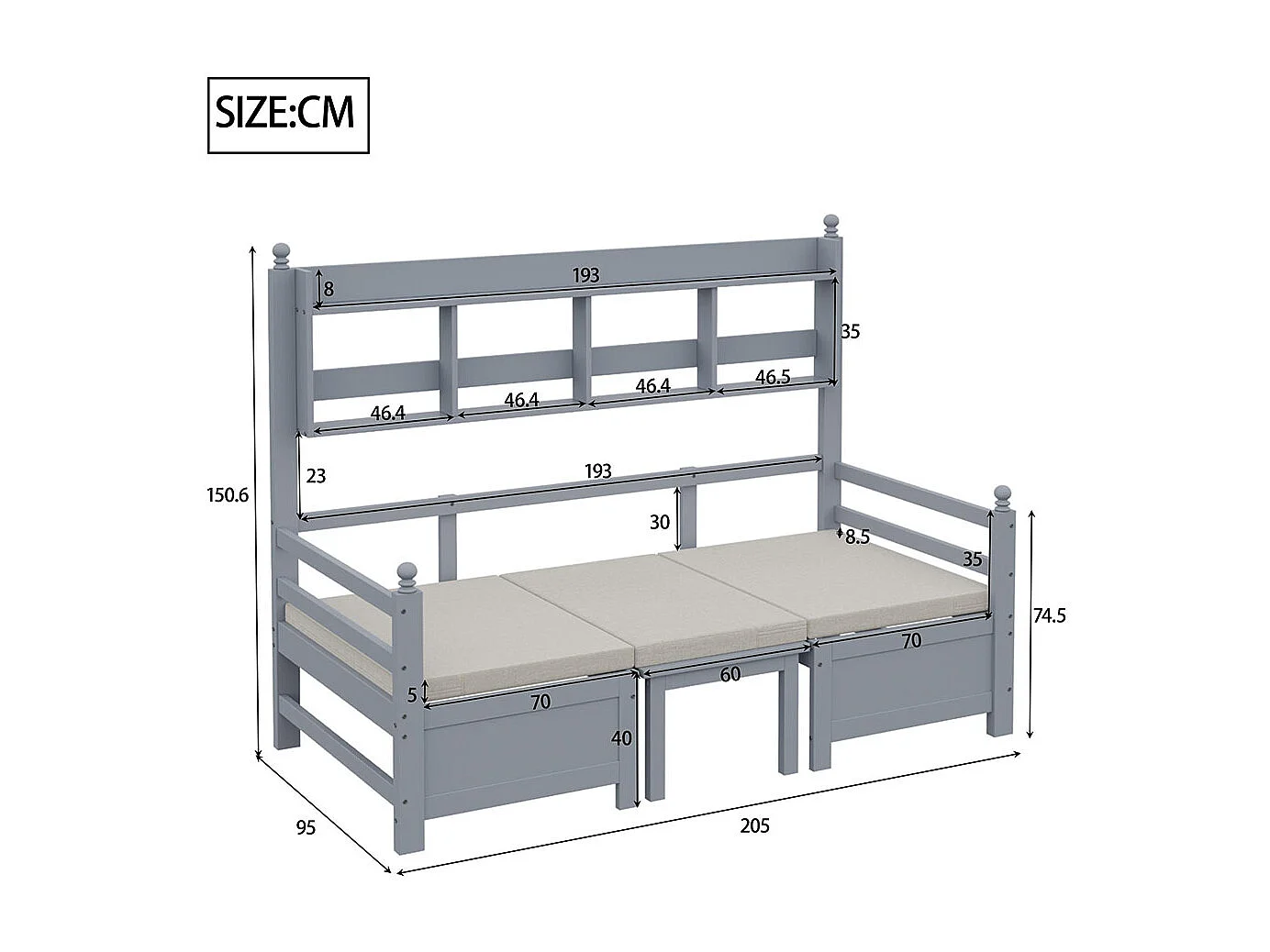 Slaapbank 200x90 cm,2-in-1 bed en bureau,eenpersoons houten bed,grijs