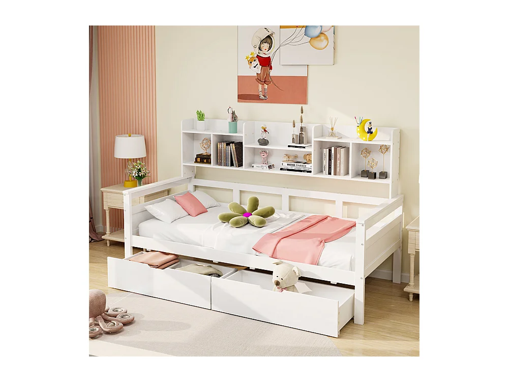 Canapé-lit 90x200, Lit d'enfant, Lit de jeune, Lit simple, Lit en bois massif, blanc