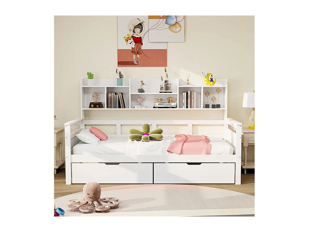 Canapé-lit 90x200, Lit d'enfant, Lit de jeune, Lit simple, Lit en bois massif, blanc