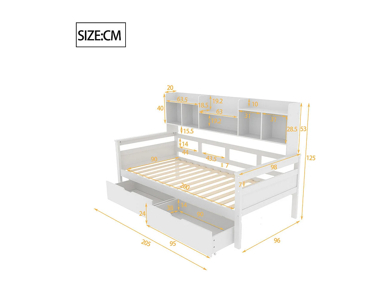 Canapé-lit 90x200, Lit d'enfant, Lit de jeune, Lit simple, Lit en bois massif, blanc