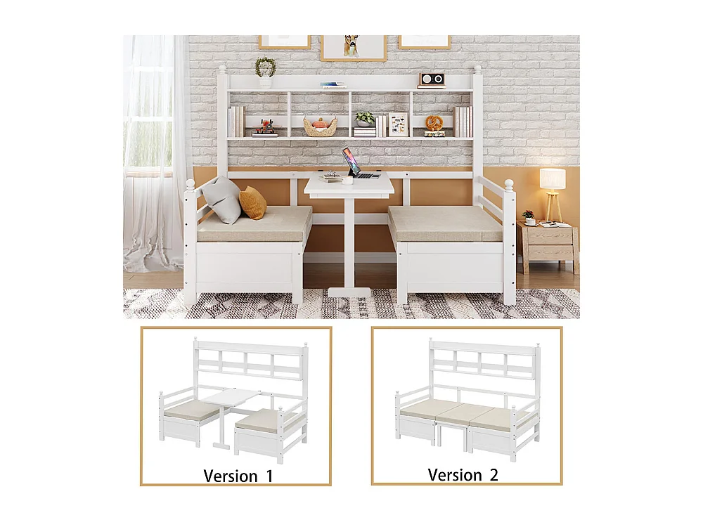 Slaapbank 200x90 cm,2-in-1 bed en bureau,eenpersoons houten bed,wit