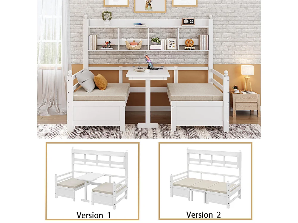 Slaapbank 200x90 cm,2-in-1 bed en bureau,eenpersoons houten bed,wit