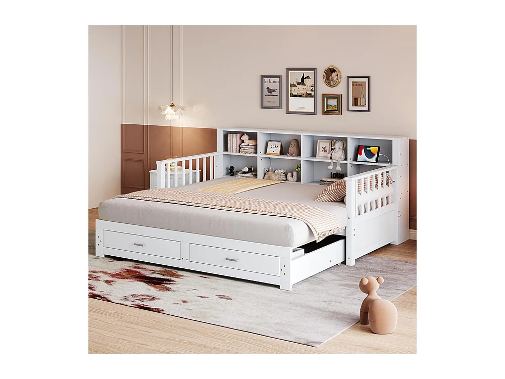 Massief houten slaapbank 90/180x190 cm, opbergkast, met 2 laden, multifunctioneel grenen bed , Wit