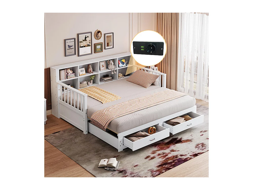 Massief houten slaapbank 90/180x190 cm, opbergkast, met 2 laden, multifunctioneel grenen bed , Wit