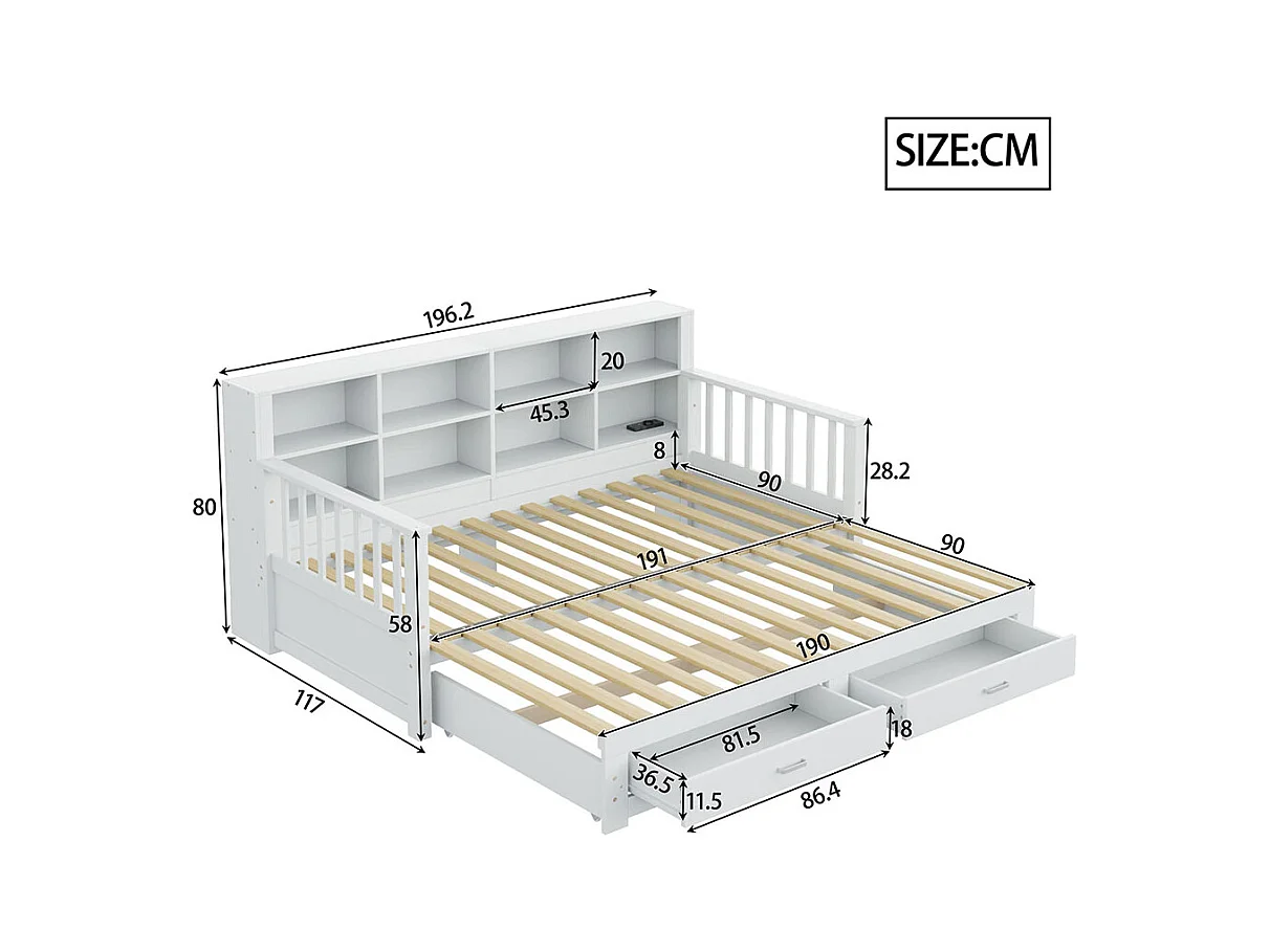 Massief houten slaapbank 90/180x190 cm, opbergkast, met 2 laden, multifunctioneel grenen bed , Wit