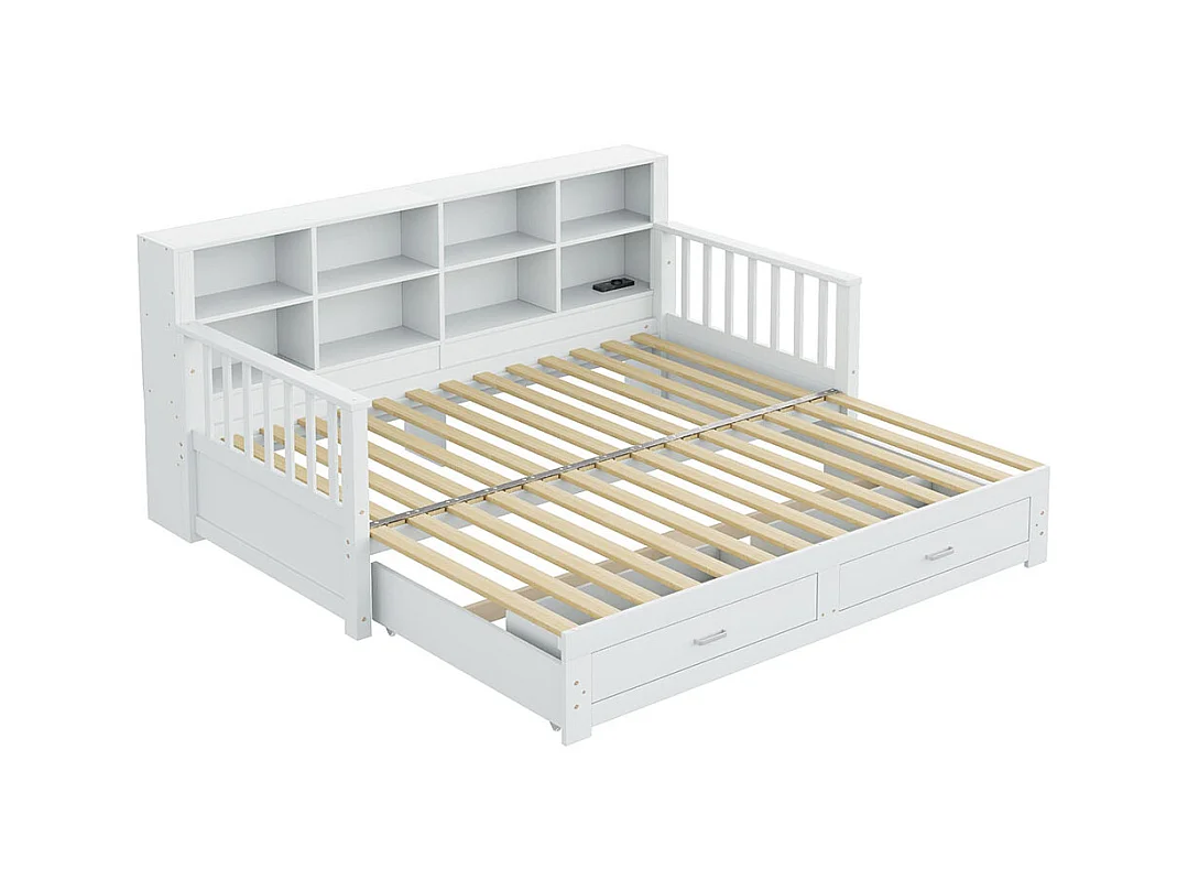 Massief houten slaapbank 90/180x190 cm, opbergkast, met 2 laden, multifunctioneel grenen bed , Wit